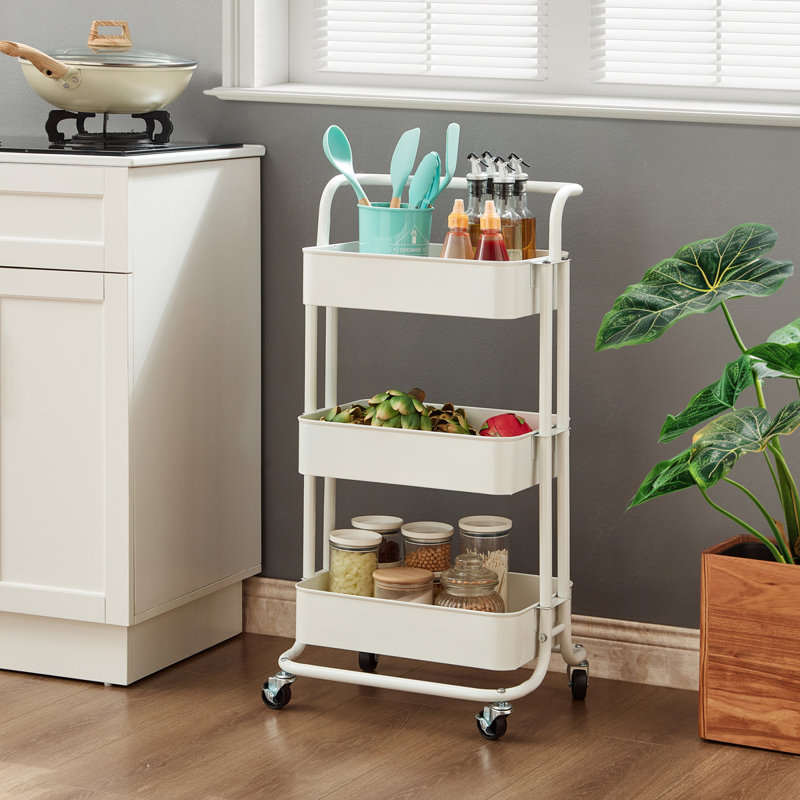 Rosilda 3-Tier Utility Cart Metal Rolling Trolley with Shelves Pink Organiser 90 x 40 x 35 cm, White