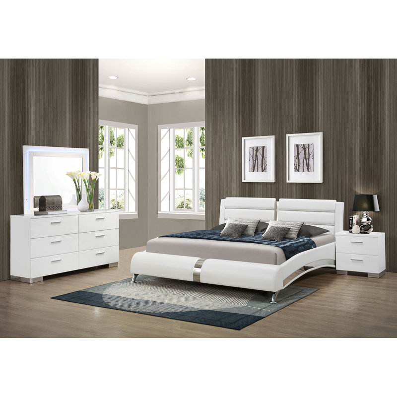 Cayser 4-piece California King Bedroom Set White, California King, 4 Pcs: Bed, Nightstand, Dresser, Mirror