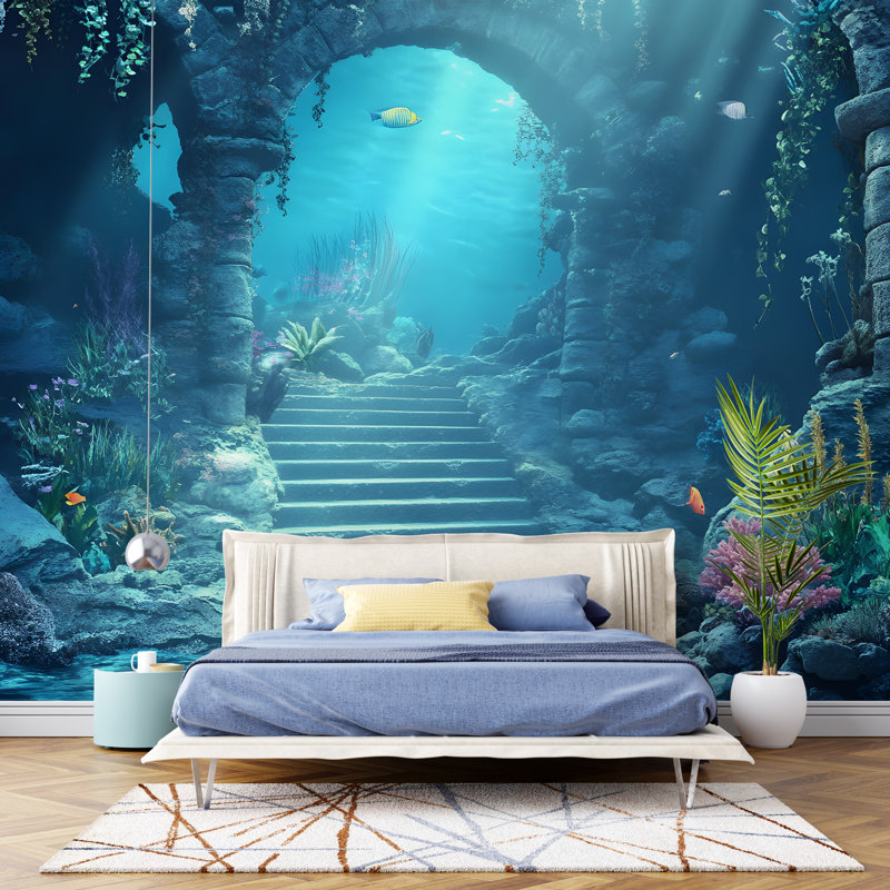 Underwater Ruins Wallpaper – Sunlit Ocean Floor Wall Mural With Ancient Steps And Coral Reef, L 75 po x l 50 po
