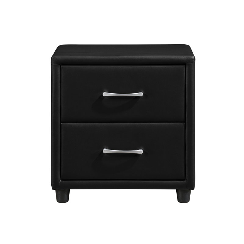 Table de chevet noire en similicuir avec 2 tiroirs et 2 poignées modernes argentées