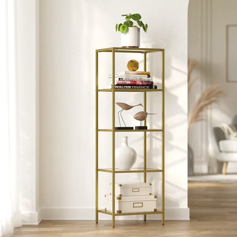 Bibliothèque, bibliothèque à 5 niveaux, étagère mince pour chambre à coucher, salle de bain, bureau personnel, verre trempé, structure en acier