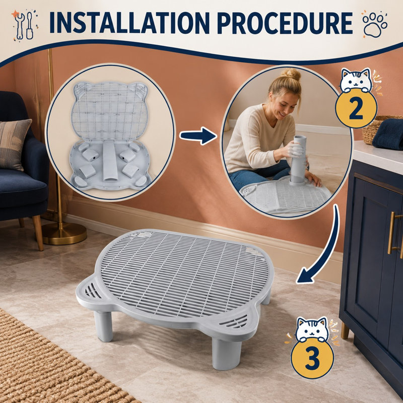 Light gray adjustable litter box step with a filter function, built as an elevated double-layer ramp for kittens and old cats; the easy-clean step stool is designed for automatic cat litter boxes.
