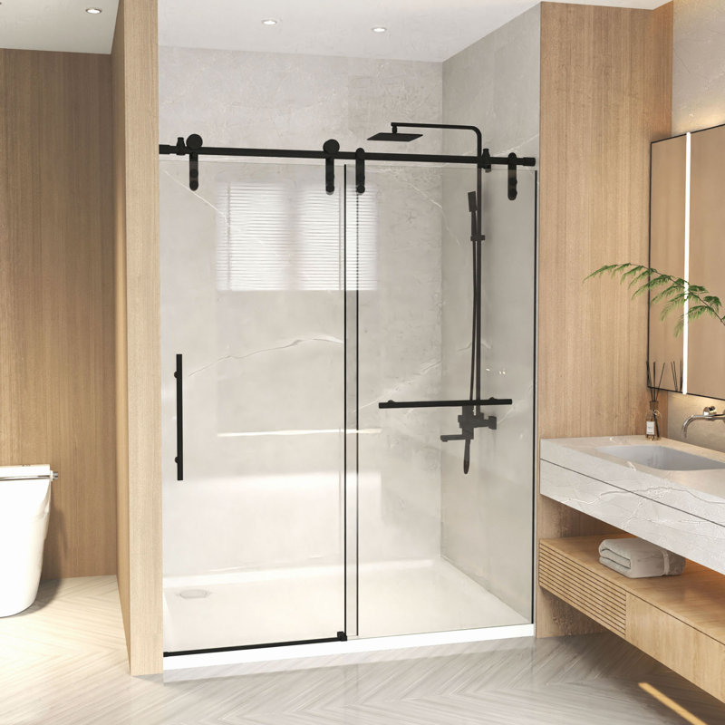 Porte de douche coulissante sans cadre 44-48 "x 76" H, verre trempé transparent 5/16 "(8Mm), cadre en acier inoxydable