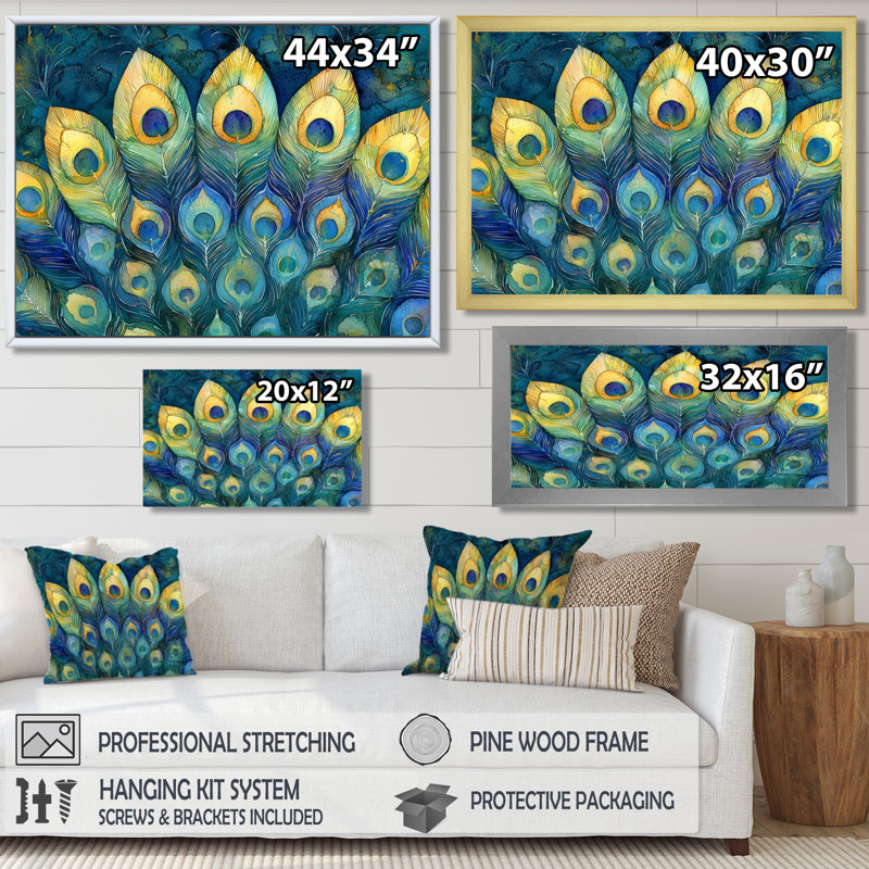 Emerald Peacock Feather Mosaic II - paon, art mural sur toile, H 12 po x l 20 po, Cadre flottant, Noir