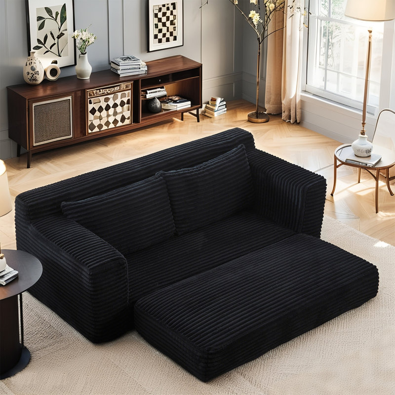 Loveseat Compression Sofa Bed Boneless Couch, Convertible 2-in-1 Design, Corduroy Fabric - Compact Memory Foam Couch For Small Spaces, Apartments, Home Office & Bedroom (black)