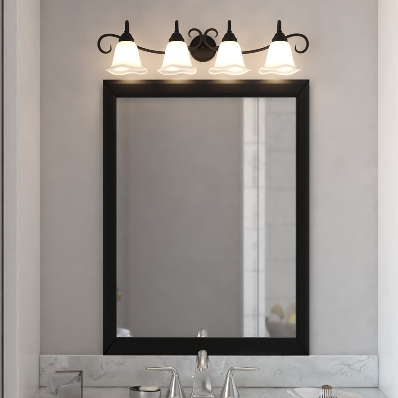 Bowker 4-Light 37.5 In. Wide Matte Black Bathroom Vanity Lighting Fixture, White Alabaster Glass Shade, Dimmable, LED Compatible, Reversible Over The Mirror Mounted Metal Wall Sconce