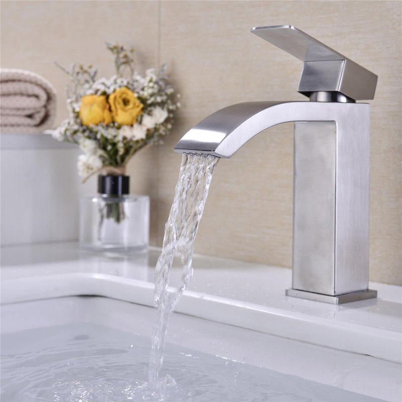 Waterfall Spout Bathroom Sink Single Handle Faucet with Pop-Up Drain (with Overflow), Brushed Nickel