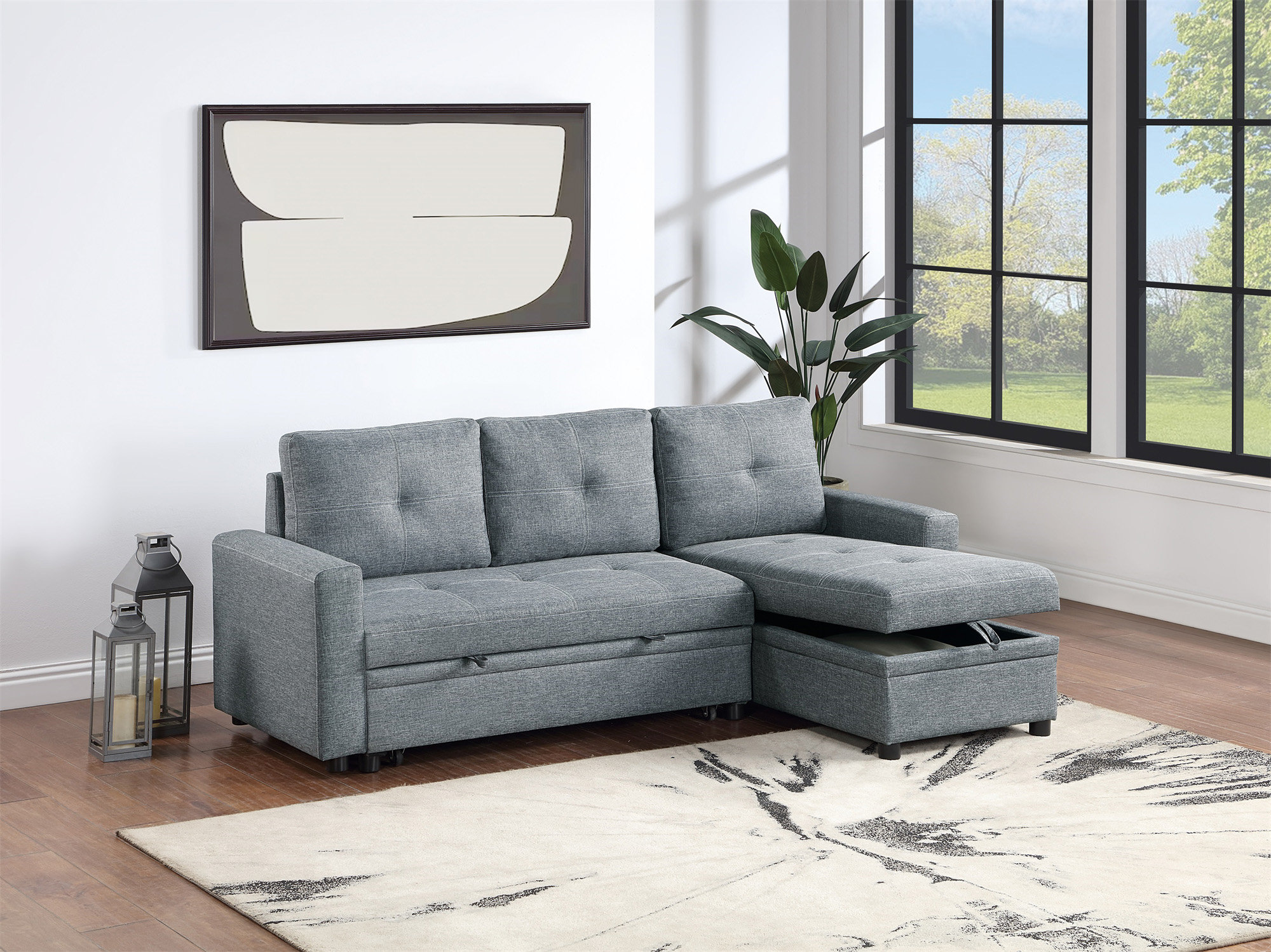 Latitude Run® Grey Polyfiber Convertible Sectional Sofa Pull Out Bed ...
