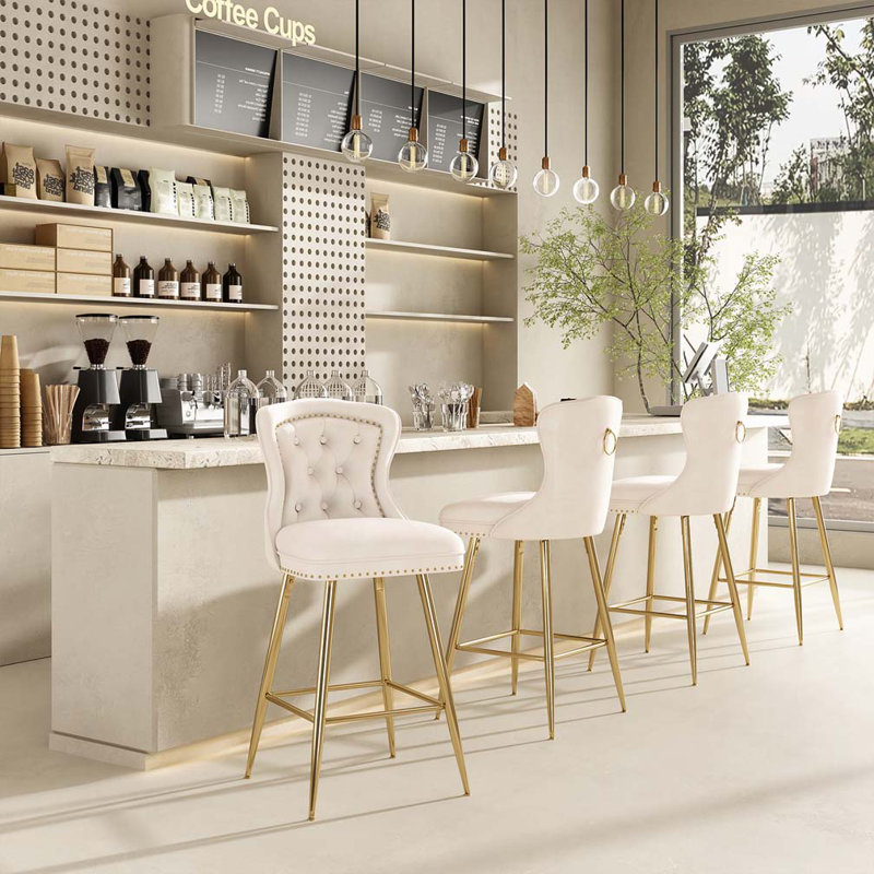 Tabourets de bar en velours à hauteur de comptoir avec pieds en métal, Beige
