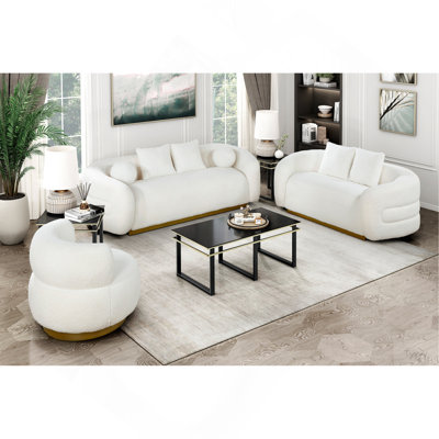 Luxueux fauteuil rond de salon avec mouvement pivotant, tissu blanc doux, revêtement doré, meubles en bois massif, 1 pièce