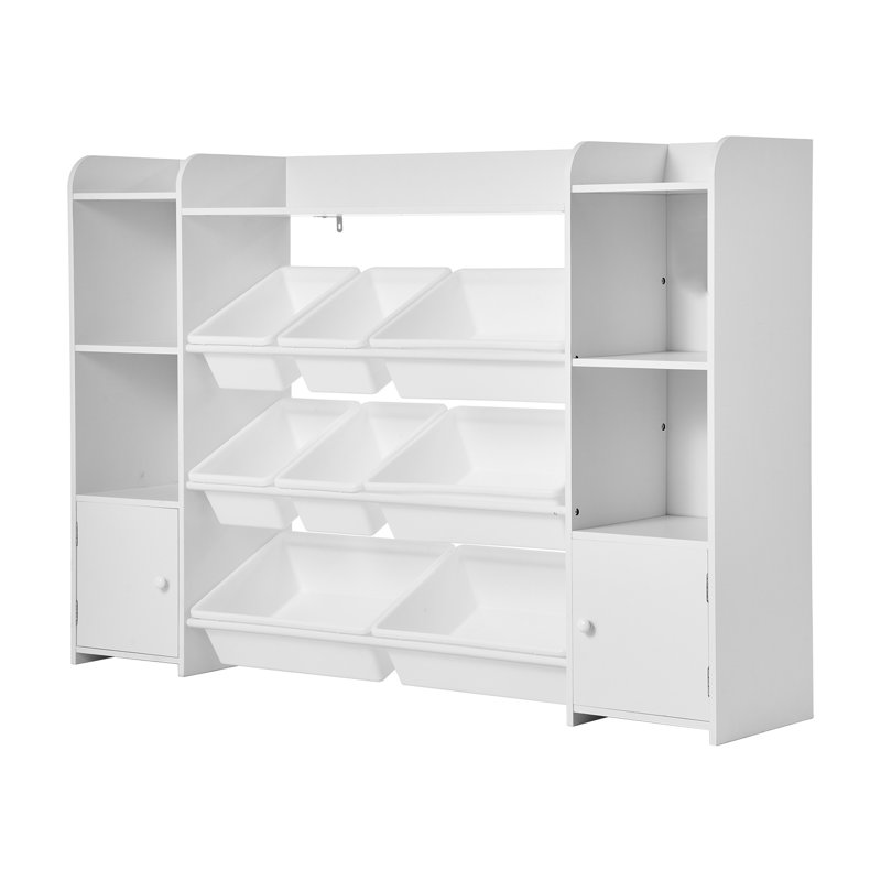 Organisateur de rangement pour jouets blanc avec bibliothèque, grande armoire à bacs en plastique et étagère ouverte pour l'organisation de la salle de jeux
