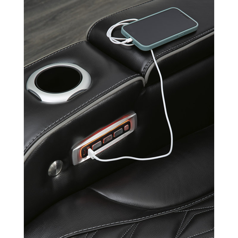 Black Leather Power Reclining Sofa with Cup Holder