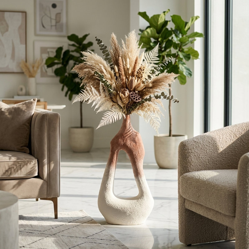 Abstract Open Form Terracotta Tall Floor Vase for Living Room Styling - Contemporary Flower Vase for Home Display and Kitchen Decor