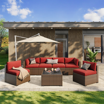 7 Pieces Outdoor Patio Furniture Set, With Cushions And Glass Coffee Table, Pe Rattan Outdoor Wicker Sectional Furniture Sofa Set, For Outside, Garden by Ebern Designs