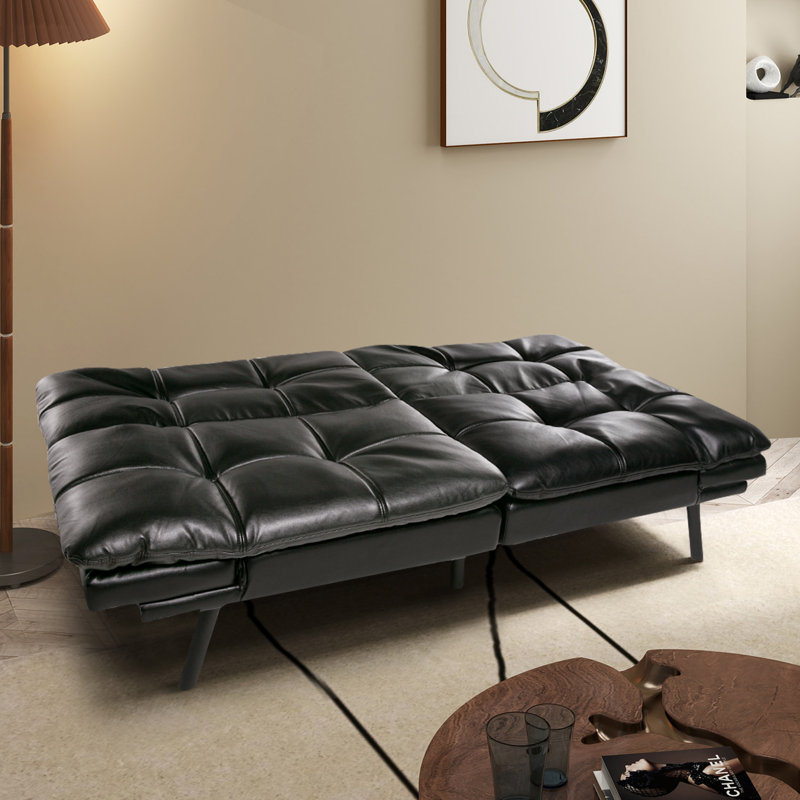 71" Faux Leather Futon Sofa Bed with Adjustable Arms for Living Room, Similicuir noir vif