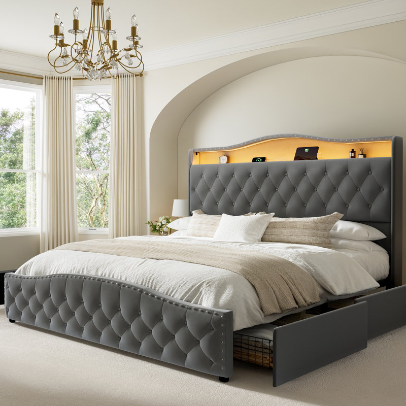 Upholstered King Bed Frame with 4 Storage Drawers and 52.5" Tall Headboard, Platform Bed with Charging Station & LED Light, No Spring Box Needed