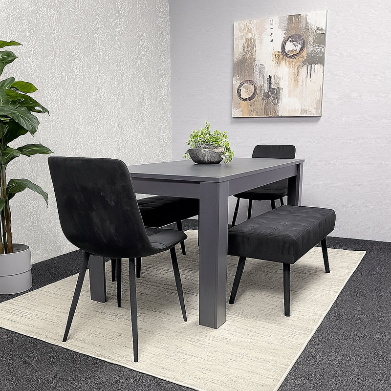 Dark Grey Arrow Design Wooden Dining Table with Black Velvet Chairs and 2 Velvet Benches, 75"H x 117"L x 77"W