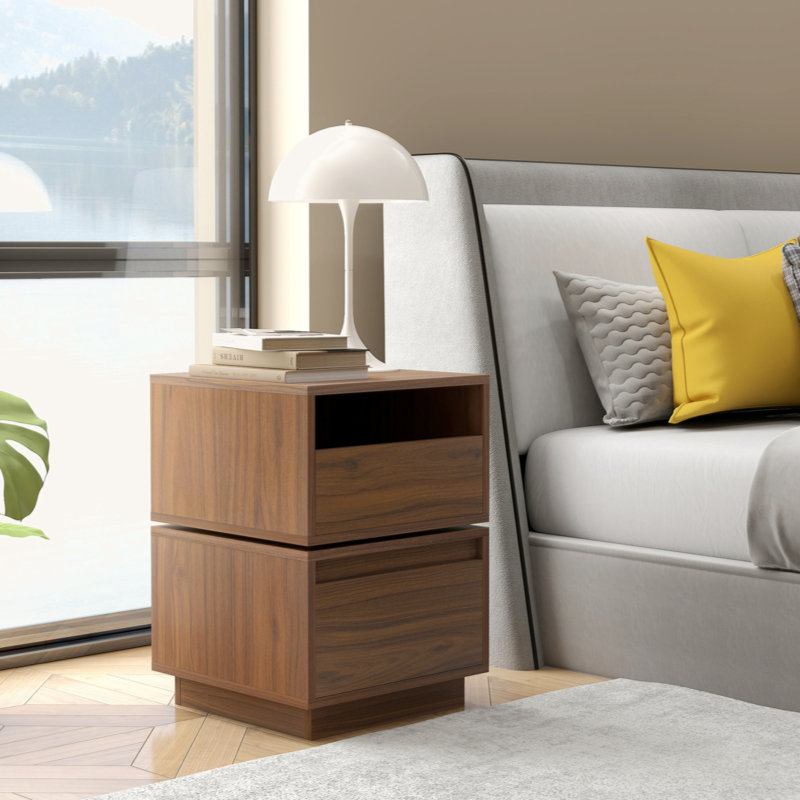 Rotatable Nightstand End Table Bedside Table Night Table 2 Drawer Dresser Wood Nightstand, Brown