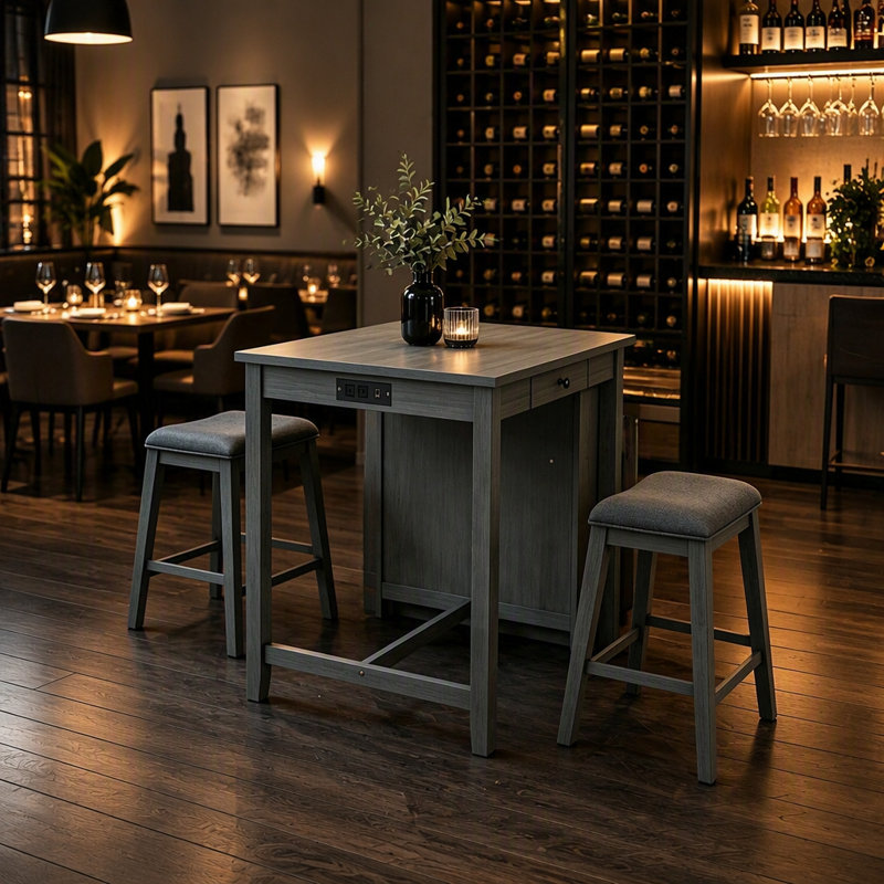 Ensemble de table de bar 3 pièces avec prise électrique, table basse industrielle avec 2 tabourets rembourrés