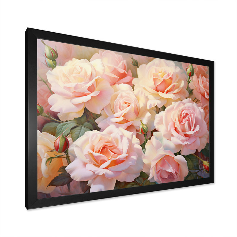 Roses roses, impression romantique - décoration murale encadrée florale, Cadre simple noir, H 16 po x l 32 po x P 1 po