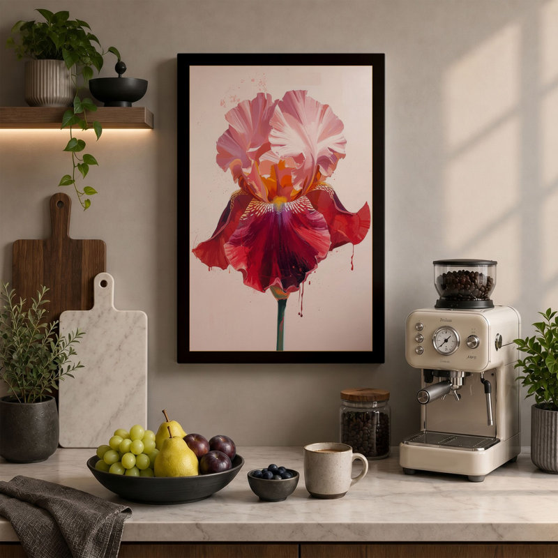 Crimson Iris Botanical - Wrapped Canvas, 36x24 - 91.4 x 61.0 cm, Sage Border