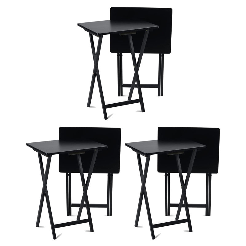  Folding TV Tray, Portable Wooden Table Set with Storage, Black, 6 Piece