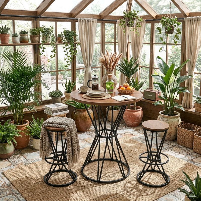 Ensemble de table et chaises de bar industriel, plateau de table en panneau de fibres à densité moyenne avec grain de bois de noyer et structure en métal noir, idéal pour un îlot de cuisine