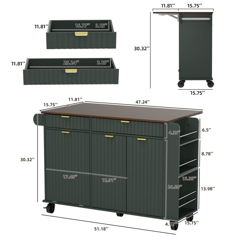 47" Kitchen Island With Wavy Door, Hidden Trash Storage & Drop-leaf Countertop, Rolling Kitchen Cart With Spice Rack, Drawers And Locking Wheels, Mobile Island Table For Kitchen