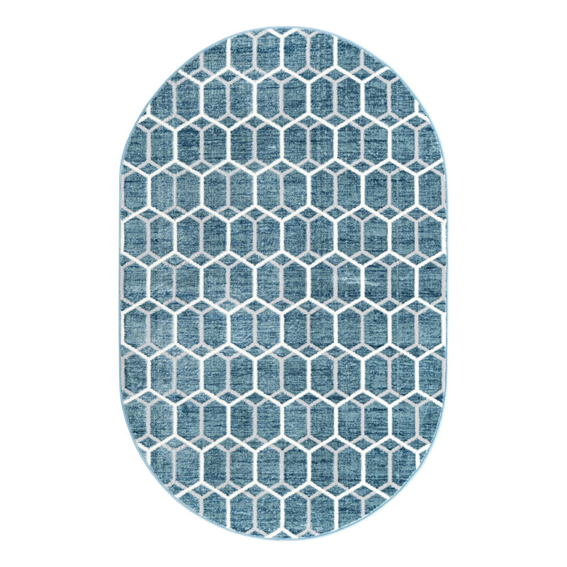 Tapis bleu / ivoire en laine Numa, Ovale 5 pi 3 po x 8 pi