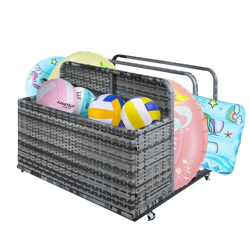 30 inch Gray Poolside Float Storage Double Layer Outdoor Storage PE Rattan Outdoor Pool Caddy With Rolling Wheels, Gray