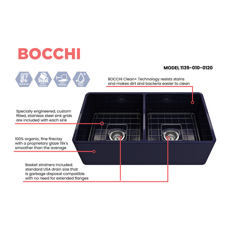 33 in. L Farmhouse Double Basin Kitchen Sink, Biscuit