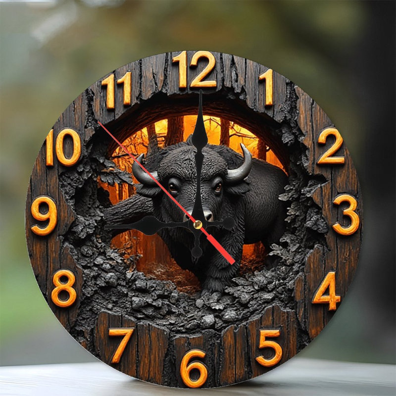 Horloge murale bison en bois