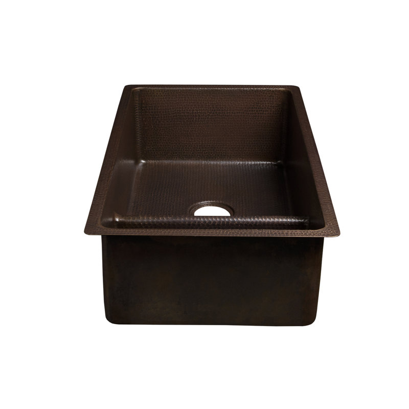 33" Hammered Copper Kitchen 70/30 Double Basin Sink with Short 5" Divider w/ Matching Drains and Accessories