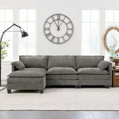 Cloud-Like 107" Beige L-Shaped Sofa with Storage Chaise & Ottoman - Modular Corduroy Sectional