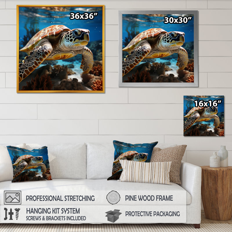 «Curious Underwater Sea Turtle I», reproduction sur toile, Cadre flottant blanc, H 16 po x l 16 po