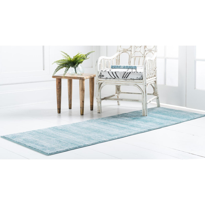 Tapis uni / rayé de couleur turquoise-ivoire Adelgunde, Tapis de couloir 2 pi 7 po x 8 pi