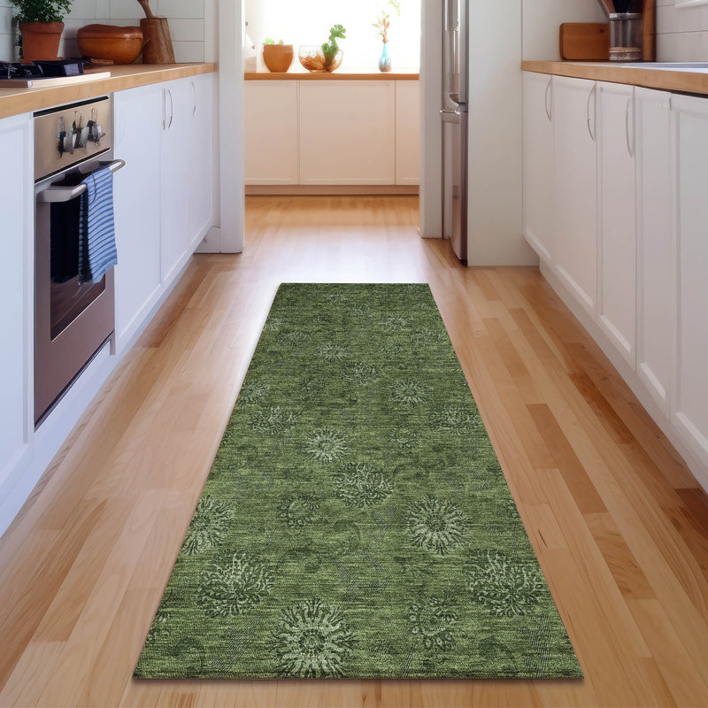 Premium Machine Washable Prisco Olive Rug, Runner 2'3" x 7'6"