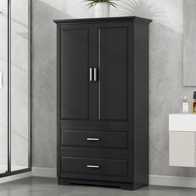 Grande armoire de rangement pour salle de bain, armoire avec deux portes et tiroirs, tablette réglable, panneau de fibres à densité moyenne