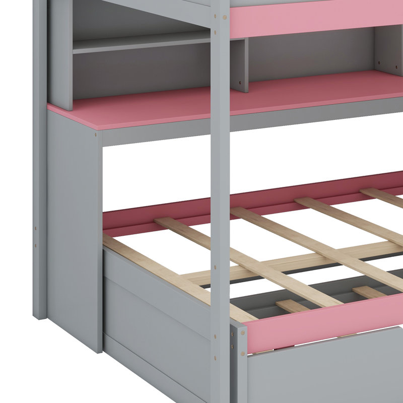 Lit superposé avec lit gigogne escamotable, accès pour escalier, tablettes intégrées et éclairage à DEL, Gris / Rose