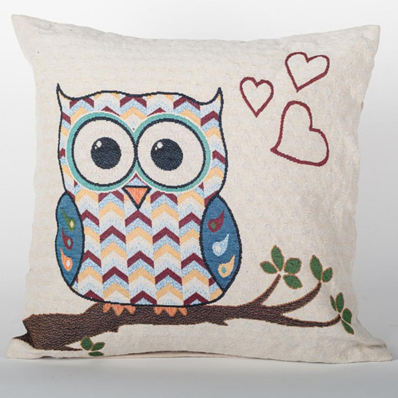 Coussin 18 "x 18" Hibou, Bleu / crème / vert / brun