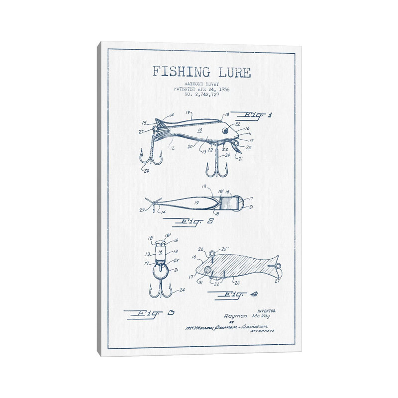 Raymond Mcvay Fishing Lure Patent Sketch (Ink) I by Aged Pixel - Wrapped Canvas Print, 101.6 cm H x 66.04 cm W x 1.91 cm D