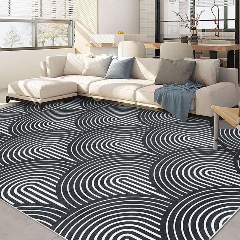 Jilliana Washable Geometric Machine Woven Polyester Area Rug in Black, Rectangle 9' x 12'