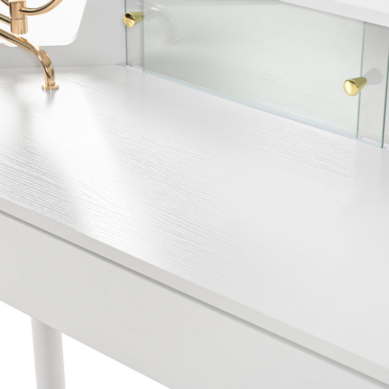 Corner Makeup Vanity Desk With Large Storage, LED Mirror & Stool, Brightness Adjustable
