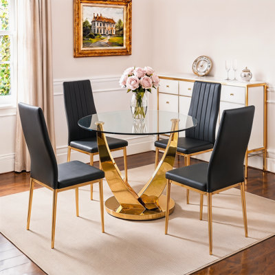 38.9" Round Glass Dining Table Set for 4, Modern Dining Room Set with Tempered Glass Tabletop & 4 PU Leather Chairs, Space-Saving Kitchen Set for Dining, Apartment