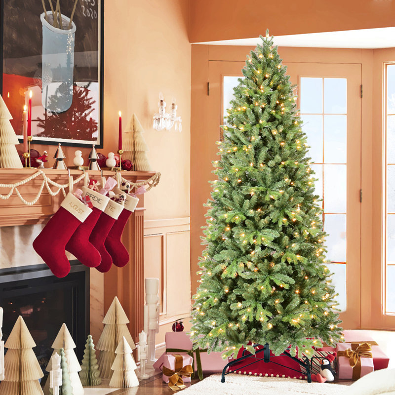 Arbre de Noël avec pointes et lumières à DEL blanc chaud - branches mixtes en PVC + PE, structure à charnières pour une installation facile, support en métal pour un soutien solide, décoration des Fêtes luxueuse