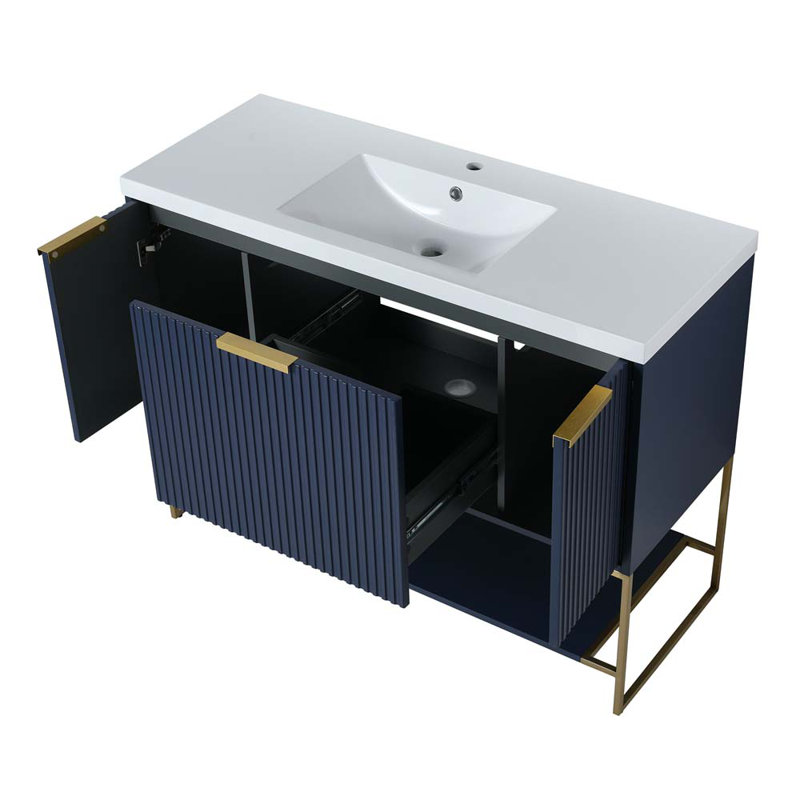 Meuble-lavabo autoportant de 48 po avec lavabo en résine, Bleu marine/doré