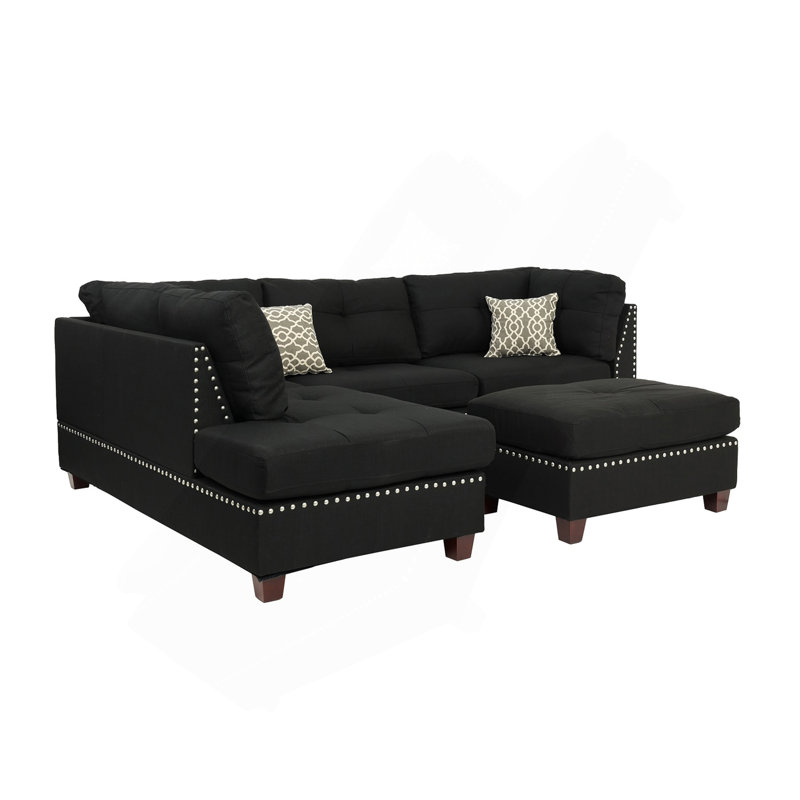 Reversible Polyfiber Sectional Sofa With Ottoman, Black