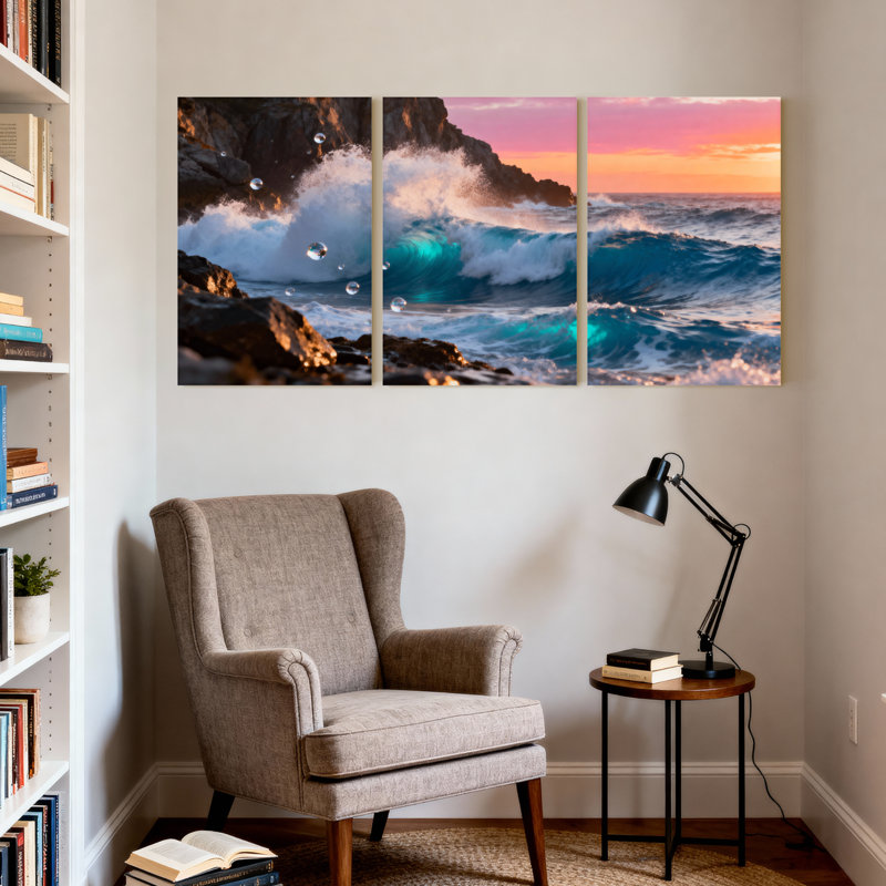 Ensemble de 3 impressions sur toile, "Scenic & Cityscapes Ocean Waves Crash Against Rocky Shoreline", H 30 po x l 60 po