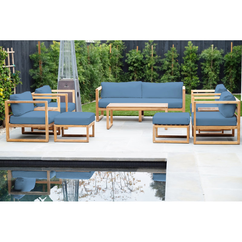 Venice Teak 8 Piece Deep Seating Group With Coffee Table, Sapphire