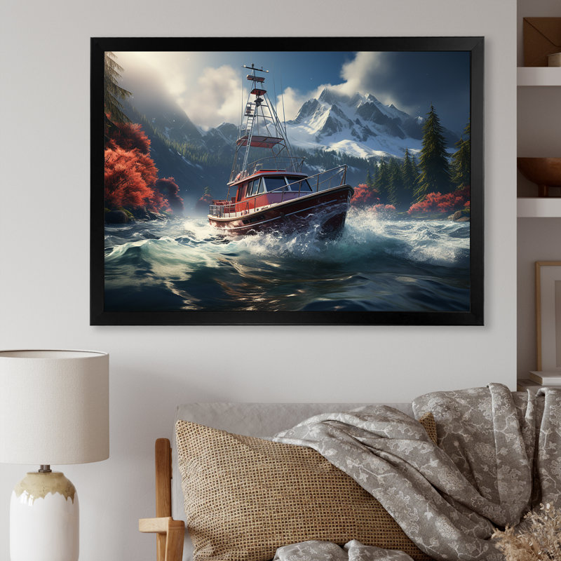 Bateau de pêche rouge et blanc dans une rivière III - Bateau de pêche, art mural, Cadre d'angle fermé noir